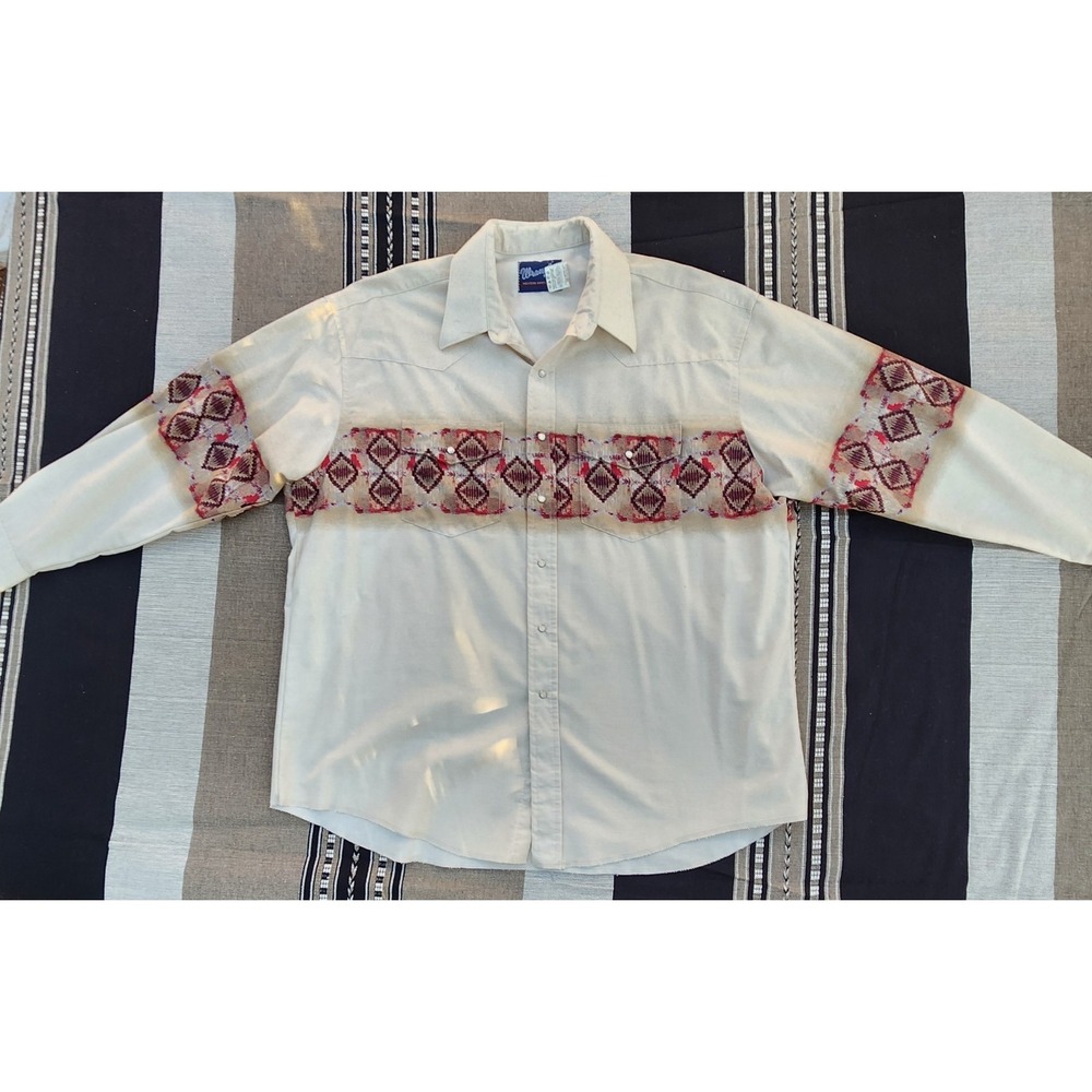 VINTAGE 90 WRANGLER SUNSET AZTEC SNAP BUTTON WESTERN COWBOY SHIRT SZ XXL EUC
